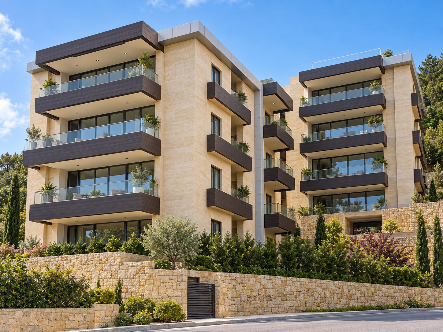 The completed Adma Residence from the street: stone facades with dark timber balcony bands, planted terraces and landscaped stone walls