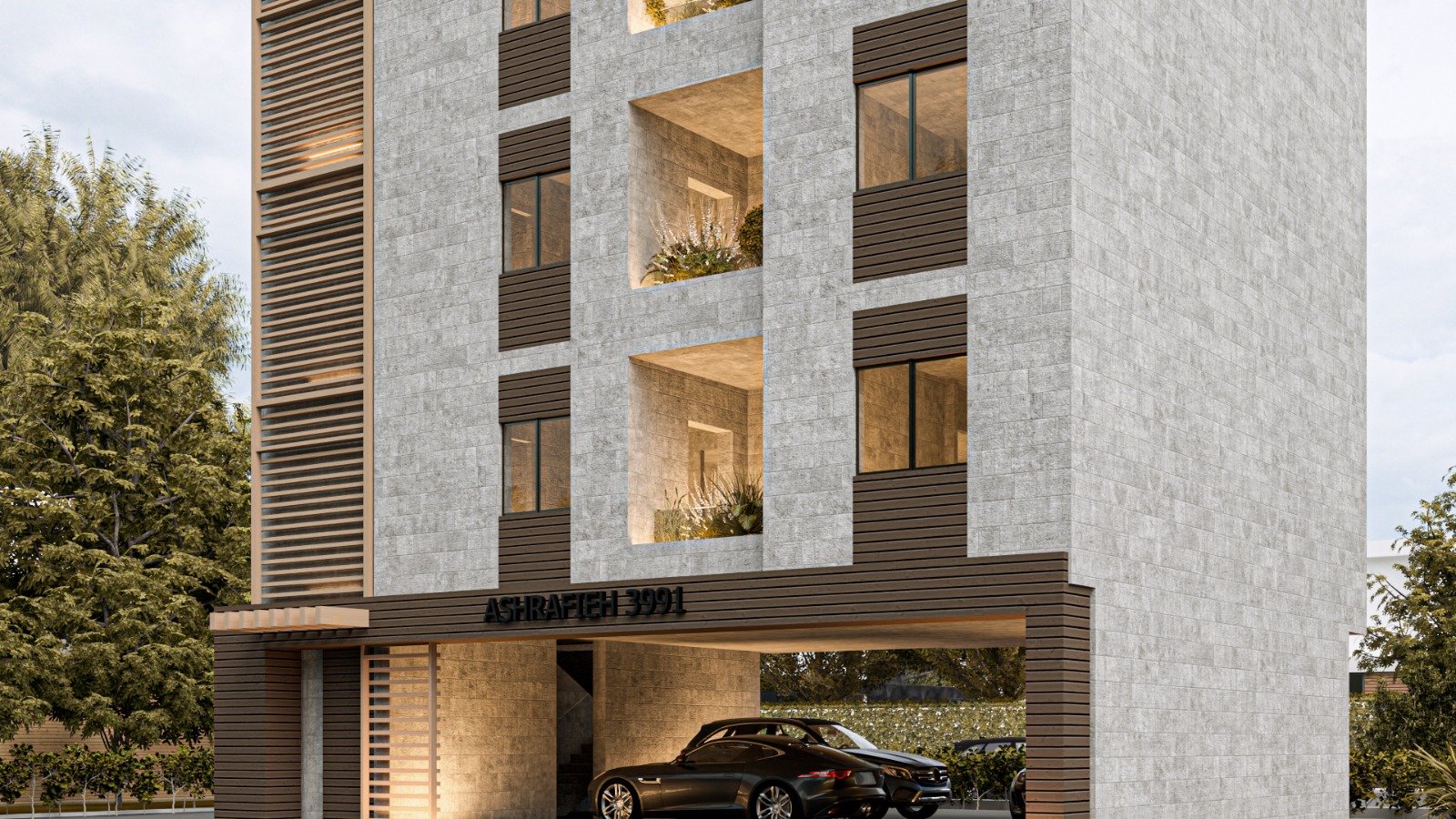 Ashrafieh 3991 entrance with stone cladding, timber screens and covered parking