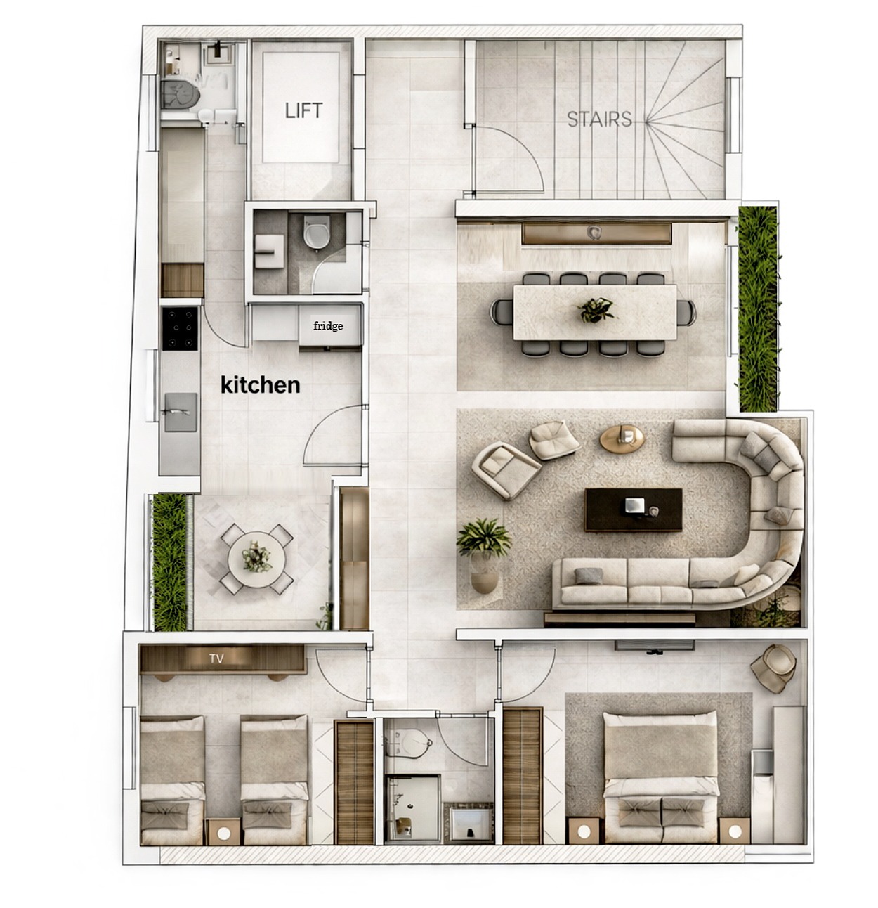 Ashrafieh 3991 typical floor plan: living and dining room, kitchen, two bedrooms and three bathrooms