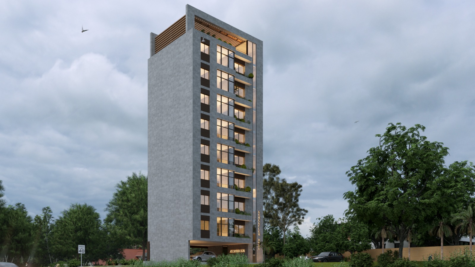 Rendering of Ashrafieh 3991, a stone-clad residential building with a timber rooftop pergola, at dusk