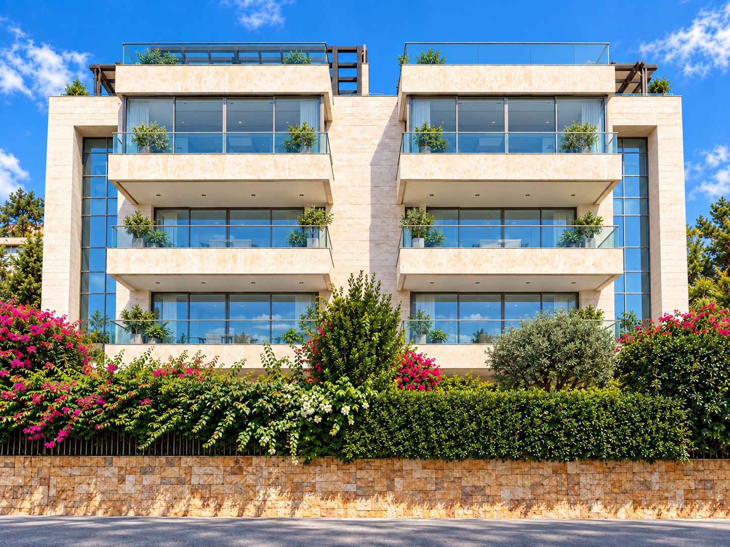 The completed Yarze Residence: stone facade and glass balconies above flowering bougainvillea and a stone wall