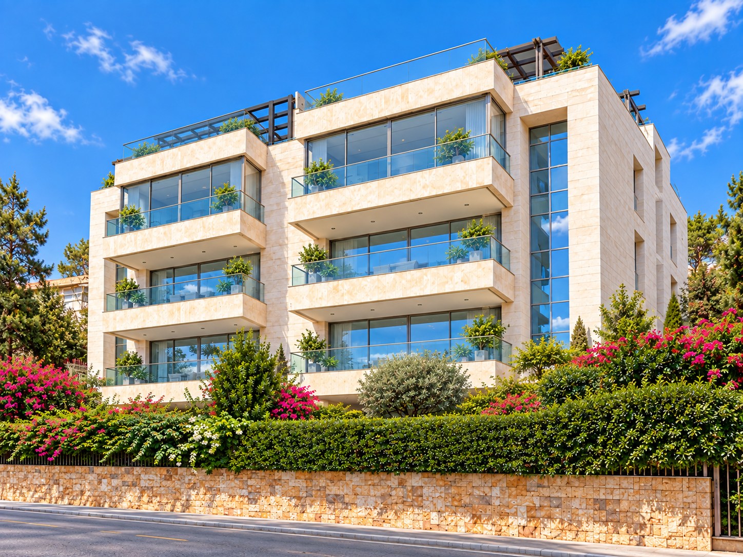 Yarze Residence seen from the right: stepped stone volumes, planted glass balconies and a flowering hedge along the street