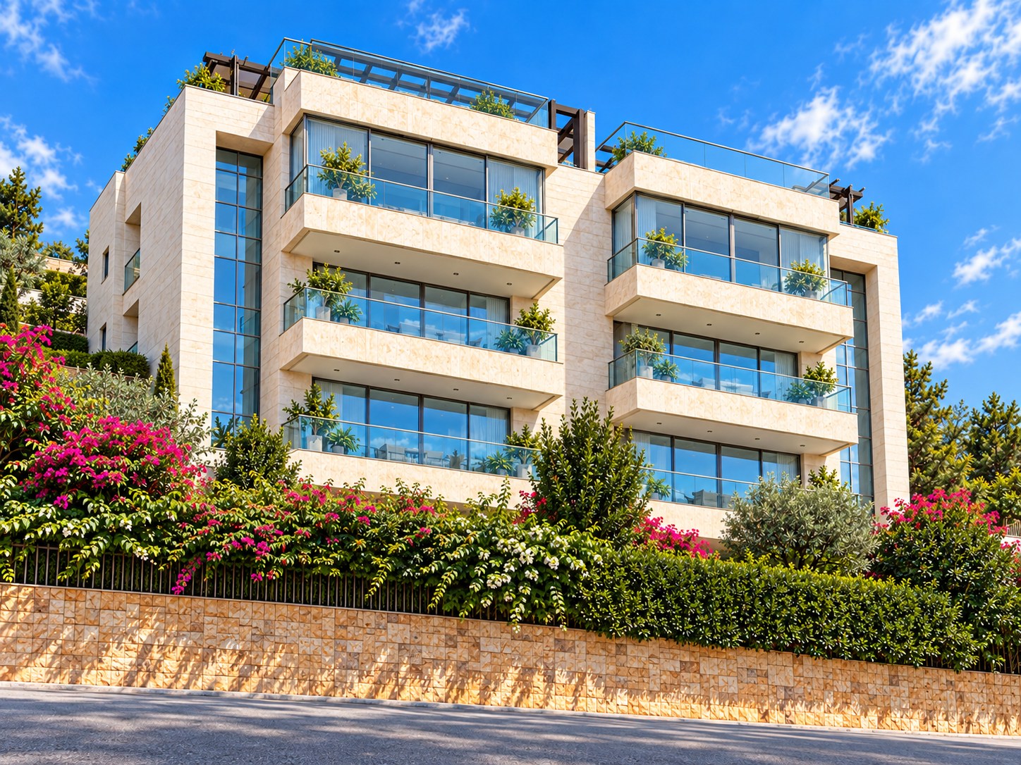 Yarze Residence seen from the left: deep terraces and full-height glazing above the bougainvillea and stone wall
